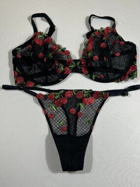 Victoria's Secret Cherry Embroidery Bra and Panty Set Black Lace Mesh 36DD L